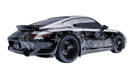Clear view of a 3D mockup of a vehicle wrap advertisement, with intricate details on a sleek car