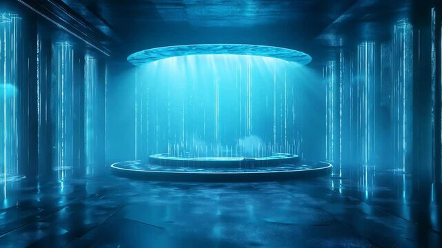 Submerged chamber bathed in ethereal blue light. Circular platform centered amidst pulsating bioluminescence. Misty atmosphere creates dreamlike ambiance. Smooth walls reflect shimmering patterns. 