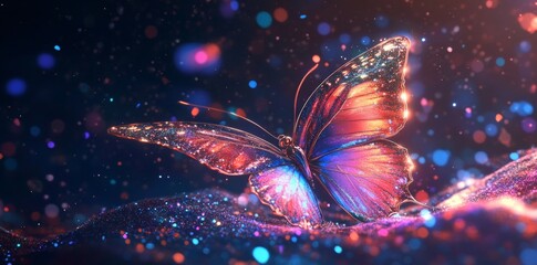 
Beautiful, colorful butterfly with glowing neon lights, highly detailed and intricate, against a dark background