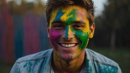 A young man with a colorful face, smiling and covered in vibrant powder during a festival.