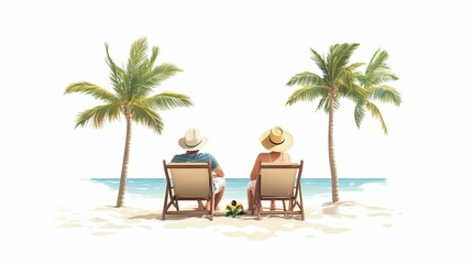 Couple Relaxing on Beach Chairs Under Palm Trees