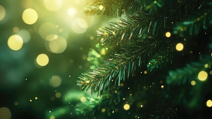 Close-up of pine branches adorned with soft, glowing lights, creating a magical and festive ambiance for the holiday season.