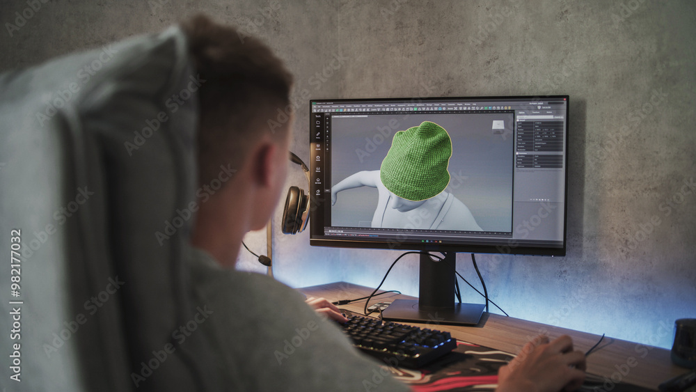 Poster young 3d designer creates and draws clothes using pc. interface of professional 3d modeling or desig
