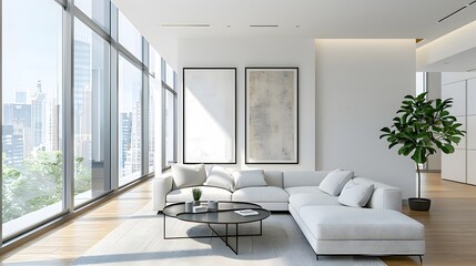 Fototapeta premium Sleek and Minimalist Living Room with Panoramic City Views and Natural Lighting