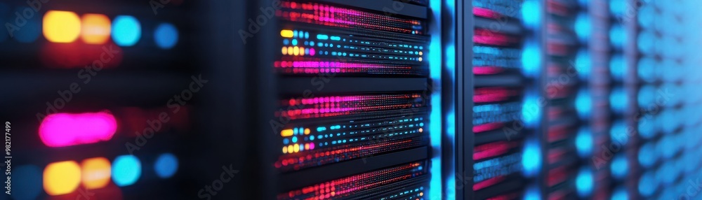 Poster modern data server with vibrant led lights, showcasing technology and digital storage solutions.