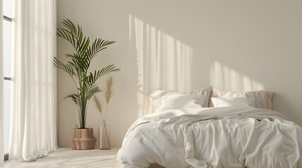 Serene and Minimalist Bedroom with a Calming Natural Accent