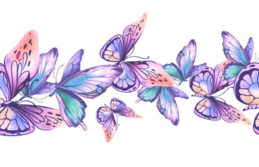 Butterflies are pink, lilac, peach, delicate, airy, flying. A hand-drawn watercolor illustration. Seamless border on a white background. For decorating posters, wallpapers, postcards, fabrics, textile