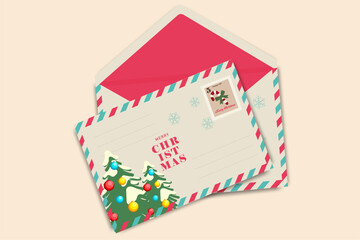 Christmas envelope and greeting card with Christmas tree  and holiday stamp on colorful background. Merry Christmas card. Winter Holiday Vintage Greeting Card. 