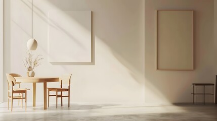 Minimalist Dining Area with Simplistic Furnishings and Wall Art Decor
