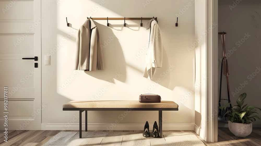 Poster minimalist entryway with bench hooks and shoe rack maintaining uncluttered space