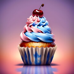 Delicious Cupcakes with Colourful Icing and a Cherry 
