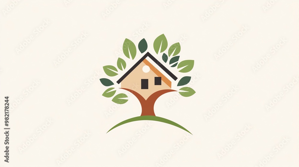 Poster simple and modern logo design featuring a house built into a tree.