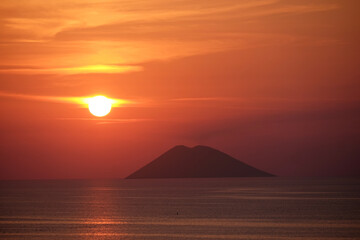 Stromboli volcano island profile at sunset