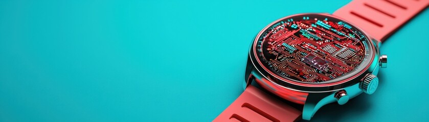 Obraz premium stylish watch with a vibrant design featuring a coral strap and intricate dial details on a turquoise background.