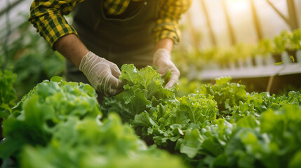 Close-up View of Farmer Harvesting Fresh Vegetables in a Greenhouse. A Glimpse into Sustainable Agriculture and Crop Care.