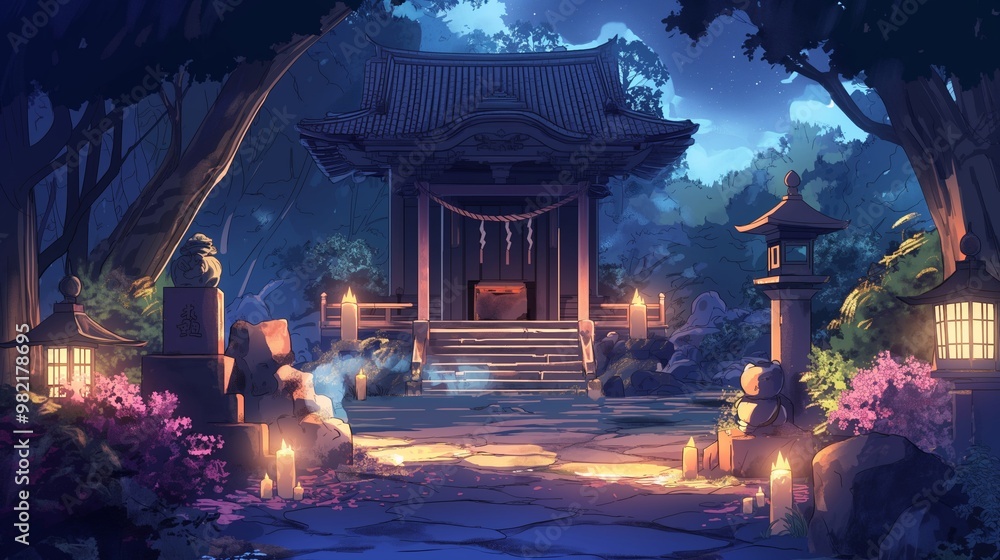 Wall mural anime background for halloween theme with shining temple