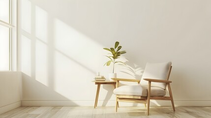 Fototapeta premium Minimalist Reading Nook with Cozy Chair and Surrounding Books for Peaceful Living