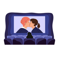 Single woman watches movie alone in empty theater. Lonely person is in cinema in solitude, loneliness. Romantic couple kisses in romance film. Flat isolated vector illustration on white background