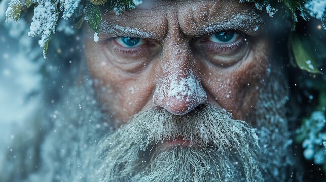 Elderly man in wreath in winter forest. Fantasy close up portrait. Pagan New Year celebration concept. Image for event poster and holiday greeting card.
