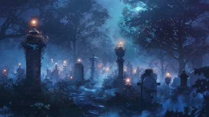 anime background for halloween in cemetery, each grave have candle on it