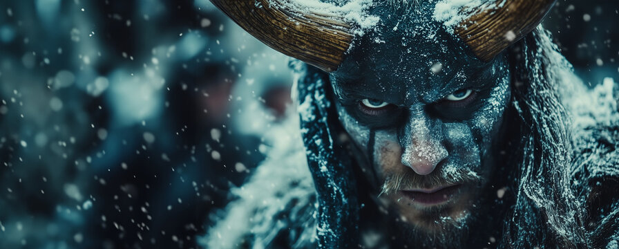 Dark fantasy portrait of horned man during snowfall. Winter solstice concept. Image for event poster and banner with copy space.