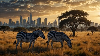 Fototapeta premium Zebras Grazing on Grass with a Big City Skyline in the Background, Africa