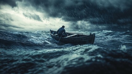 A man is in a small boat, rowing hard through a stormy ocean