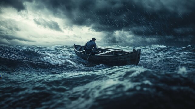 A man is in a small boat, rowing hard through a stormy ocean