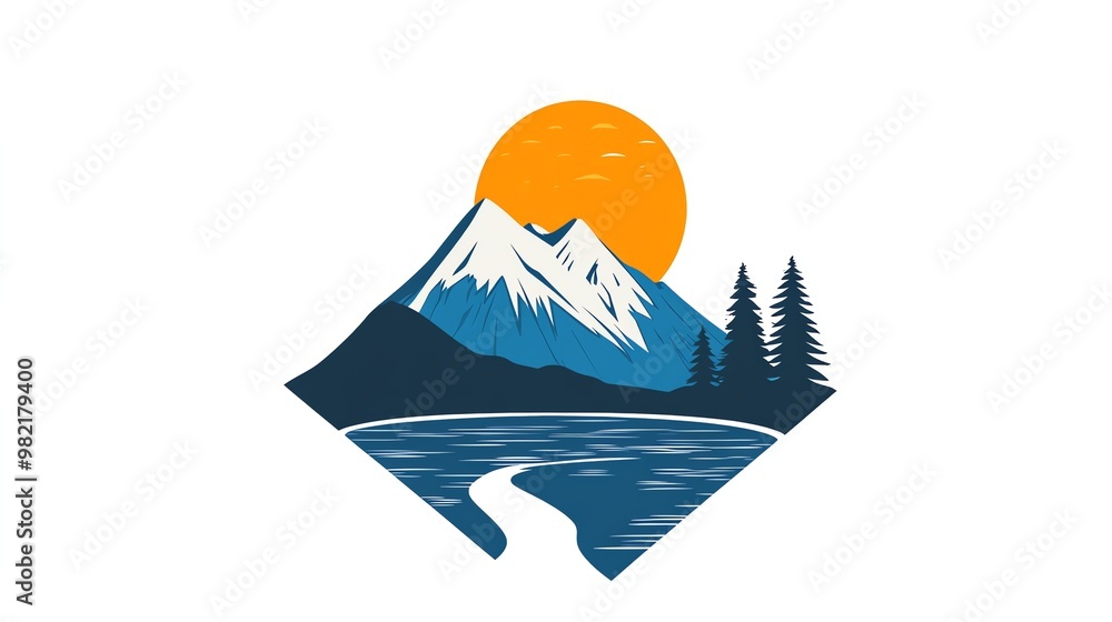 Poster a graphic design of a mountain range in front of a large sun, with a lake and a path in front.