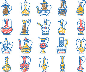 arabic jug traditional container doodle icons set vector. sketch line art arabic jug for boiling arabian tea, coffee or water. antique pottery earthenware storage carrying beverage color illustrations