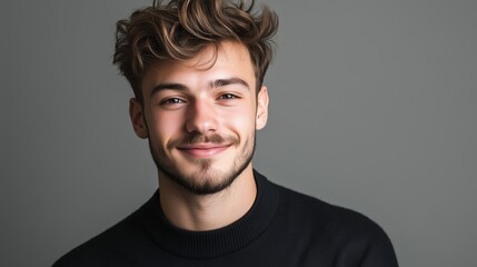 Fototapeta premium Young man with tousled hair smiles warmly against a plain background in a casual black sweater during a studio photoshoot