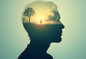 A serene landscape emerges within human head silhouette, showcasing tree, mountains, and figure standing in tranquil setting. This image evokes sense of peace and introspection