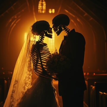 A hauntingly beautiful scene of skeletons in wedding attire sharing a kiss, surrounded by a warm, ethereal glow.