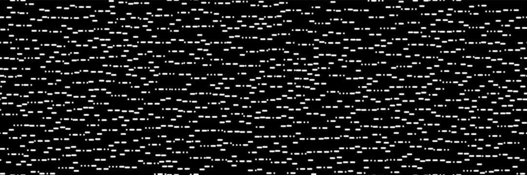 Abstract bw seamless pattern of white Morse code points and dashes on black bg. Simple irregular geometry background. Vector illustration
