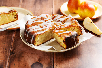 Pear pie. Homemade cake. Fruit dessert on a plate. 