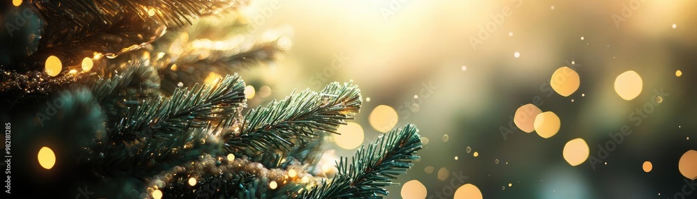 Poster a beautiful close-up of a christmas tree branch adorned with soft lights, creating a warm and festiv