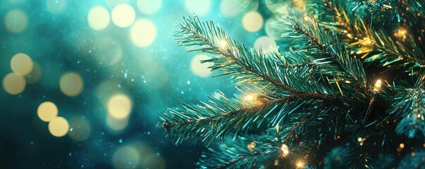A close-up of a festive Christmas tree branch adorned with twinkling lights and a soft, dreamy bokeh background.