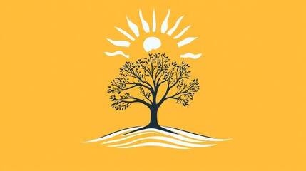 Stylized tree silhouette with sun and hill.