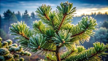 Obraz premium Rustic pine tree's weathered boughs rise toward the sky, cloaked in emerald-green foliage, with frosty dewdrops