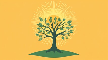 Stylized tree with sun rays in front of a yellow background.