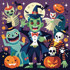 Whimsical Halloween Vector Illustration Featuring Funny Monsters and Pumpkins