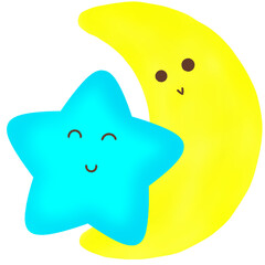 yellow and blue face on whiteBlue moon and stars 