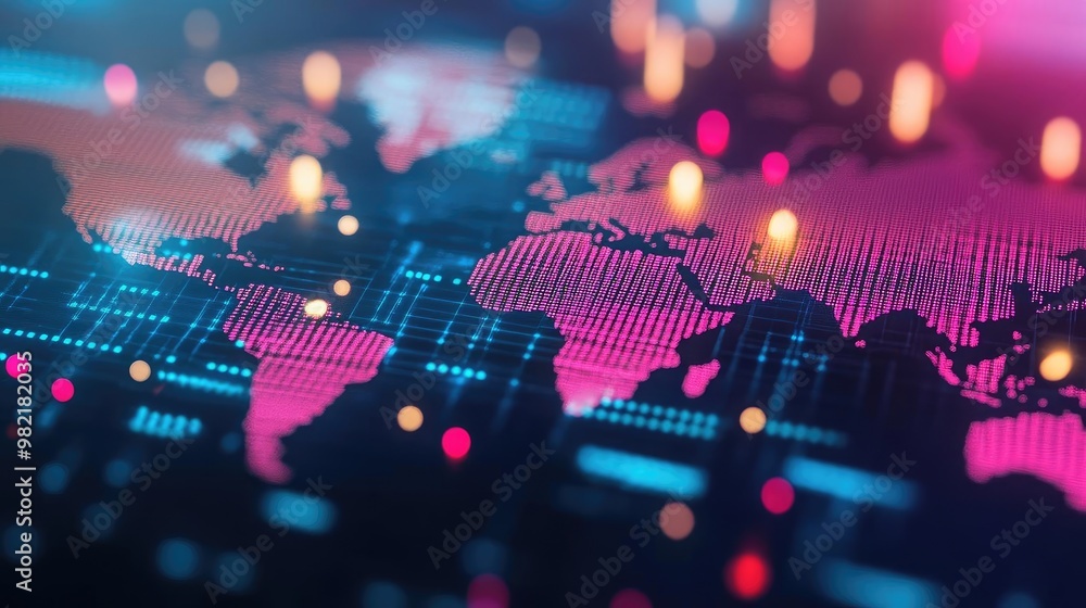 Poster vibrant digital world map featuring colorful data points and networks, symbolizing global connectivi