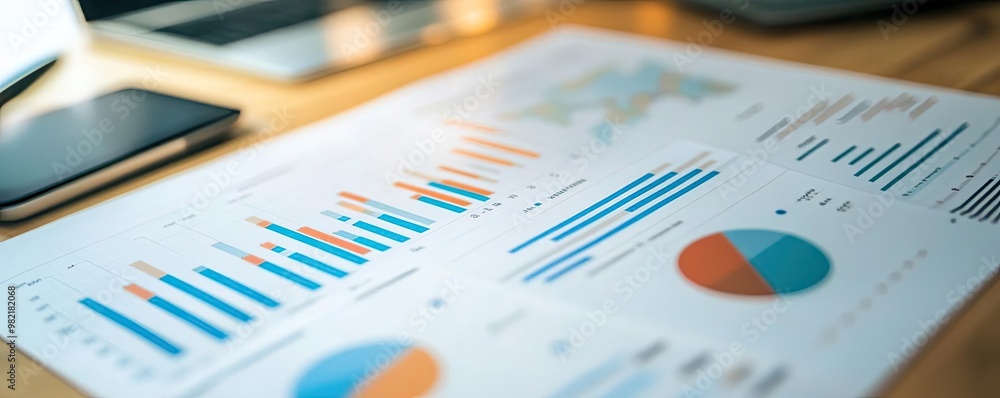 Poster close-up view of business reports featuring graphs and charts for data analysis and presentation on 
