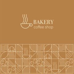 Abstract coffee modern line geometric pattern. Hand drawn illustration for Bakery and Coffee shop. Icons. Coffee bean, cup of coffee, dish, cookie and croissant. Abstract geometric line background. 