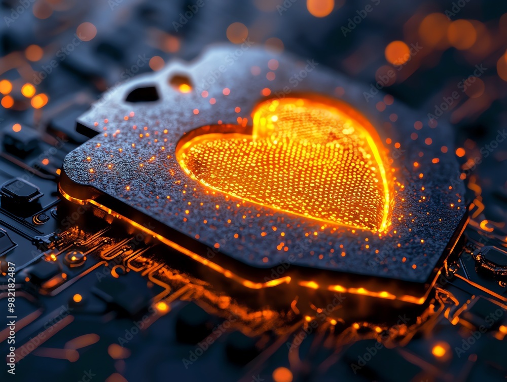 Poster a glowing heart-shaped object is placed on a circuit board.