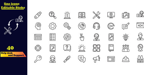 Editable outline icon set for support services, including customer service, helpdesk, feedback, assistance, and technical support.