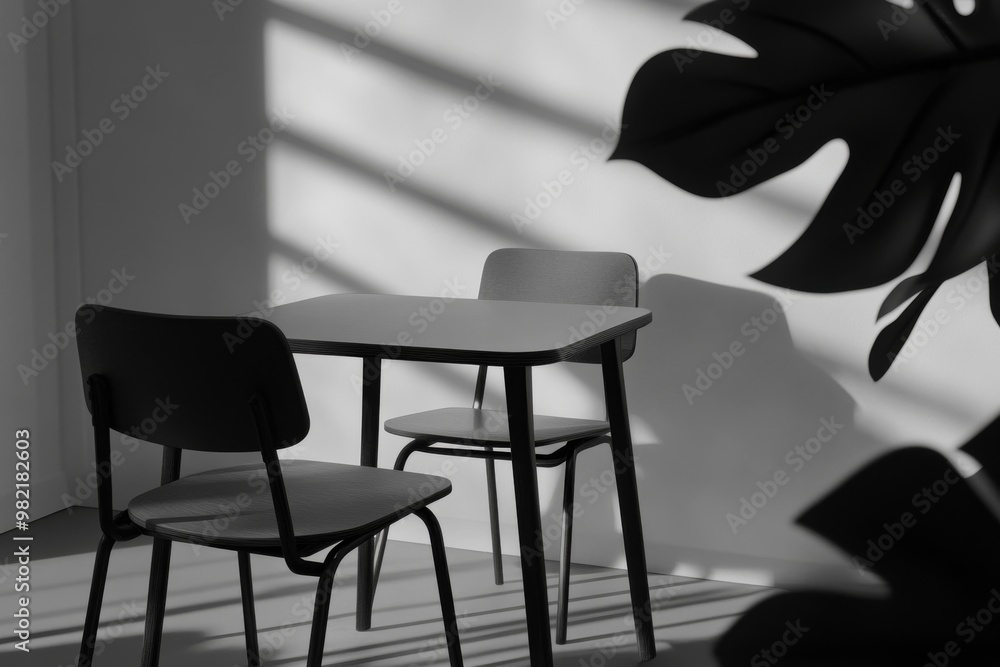 Poster two chairs and a table in a minimalist setting with leaf shadows on the wall.