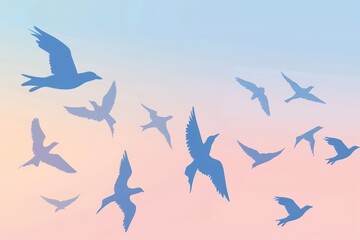 Fototapeta premium A collection of cartoon-style blue birds showcasing various poses and expressions.. Beautiful simple AI generated image