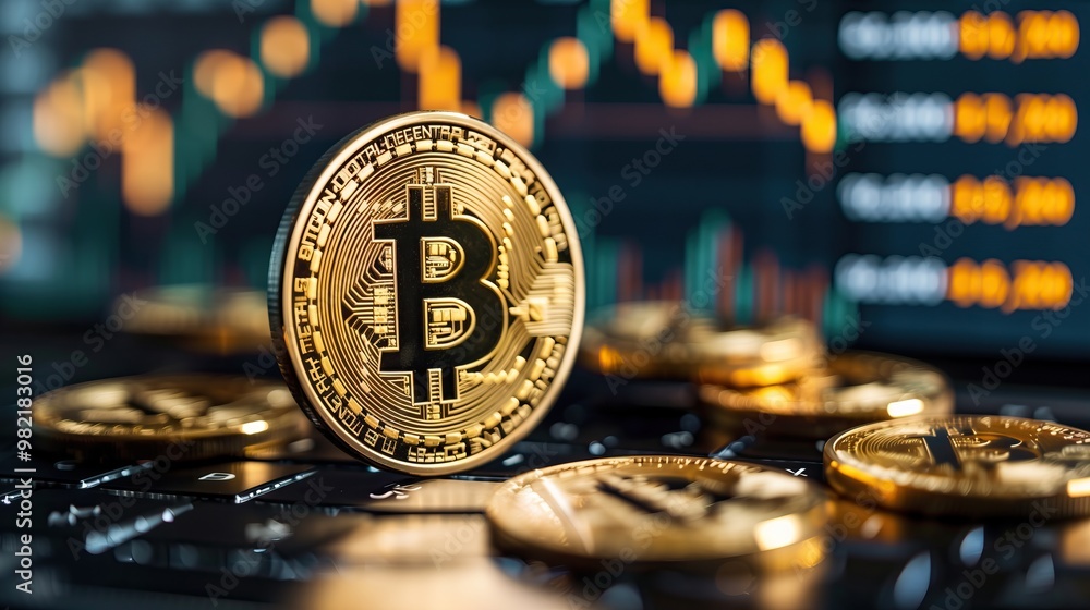 Poster Close up of gold Bitcoin coin on keyboard with stock market finance tech chart background